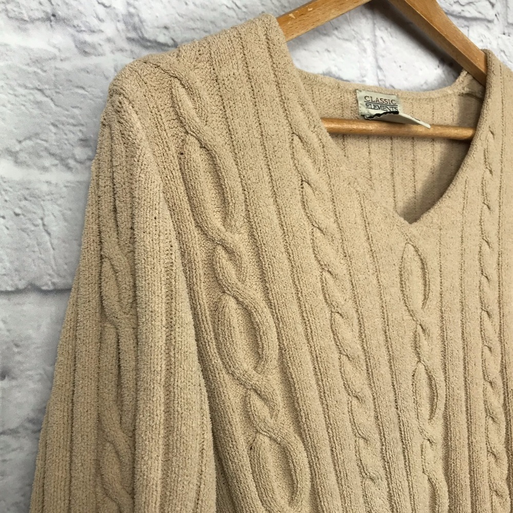 Tan V Neck Chunky-Knit Sweater | Medium